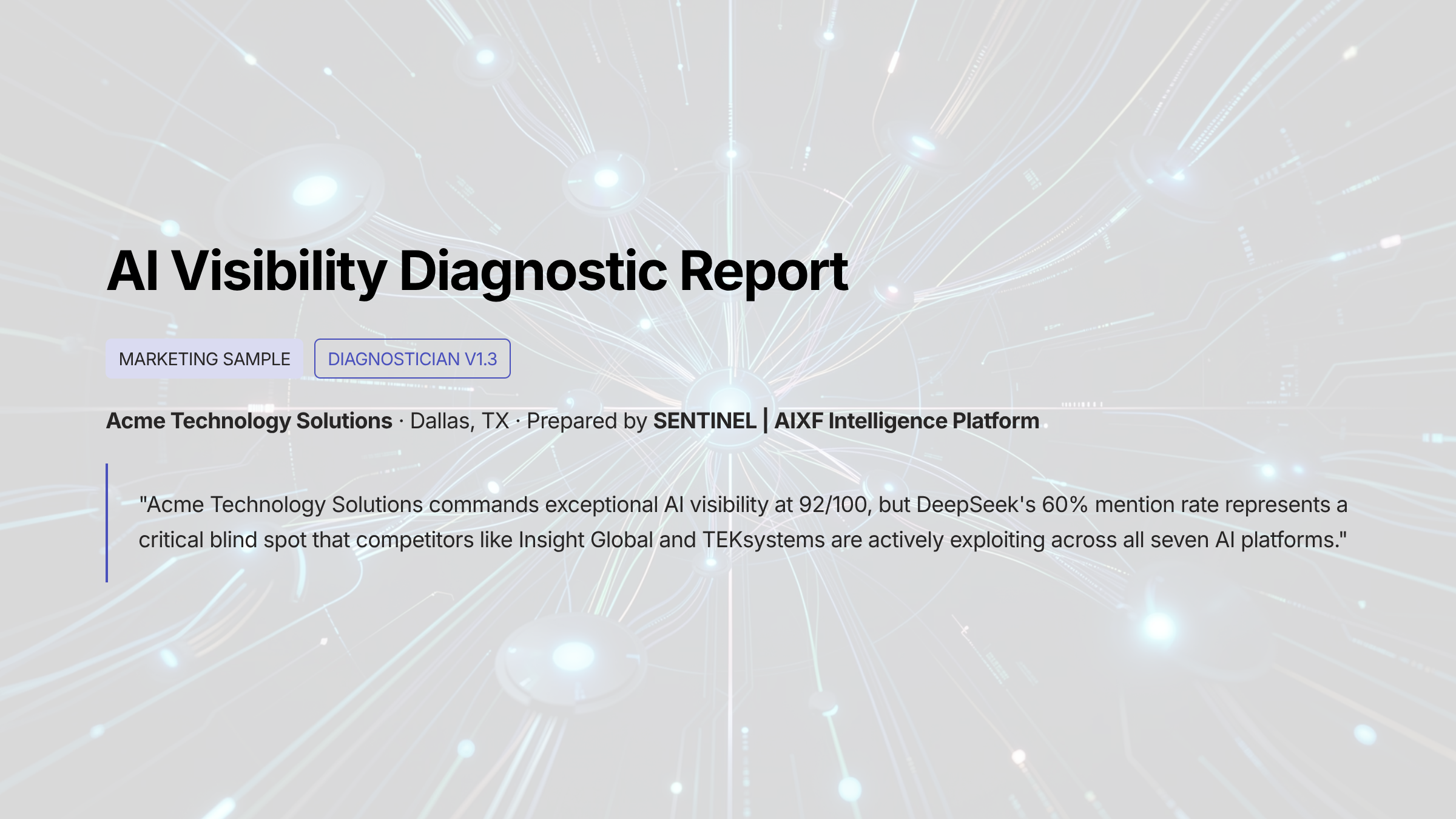 Cover page of the AI Visibility Diagnostic Report — Apex Teknologi, Austin TX (Diagnostician v1.3 marketing sample)